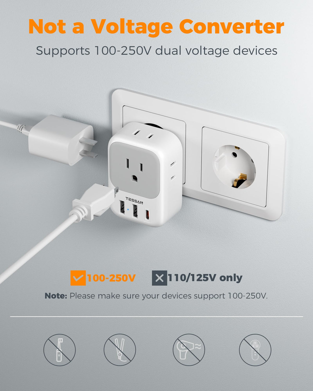 TESSAN 7-in-1 power adapter for European trips