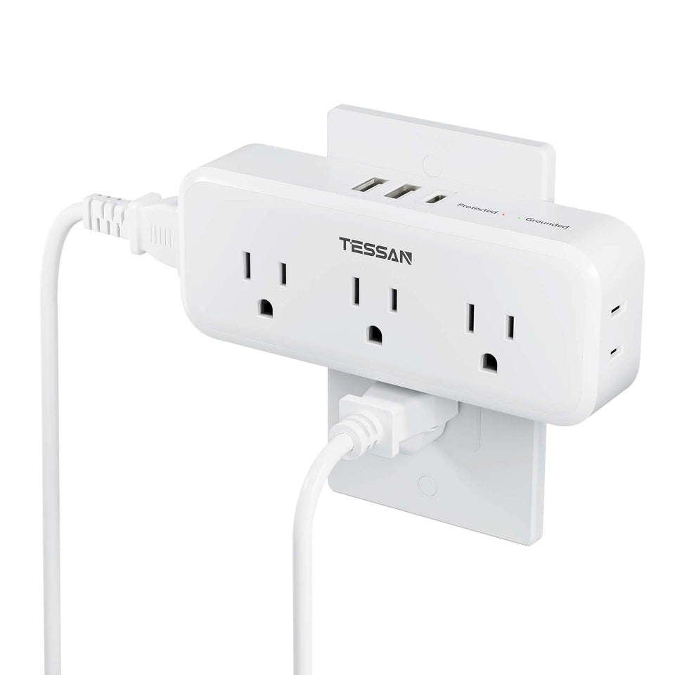 TESSAN 8-in-1 outlet extender front view with five outlets and three USB ports