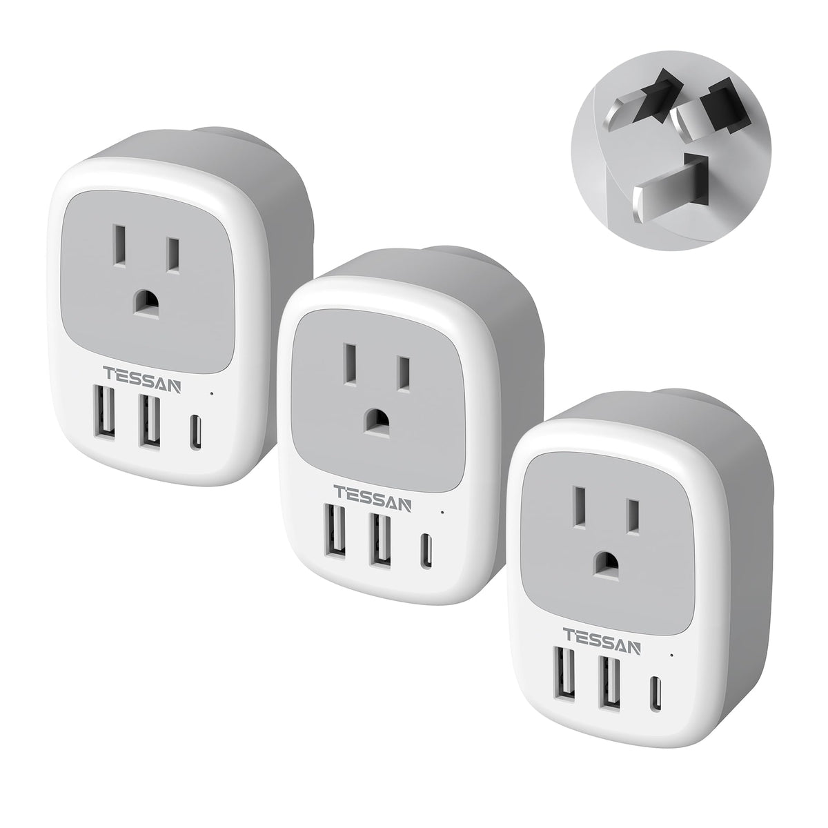 TESSAN Australia New Zealand power adapter pack ready for travel with multiple outlets.