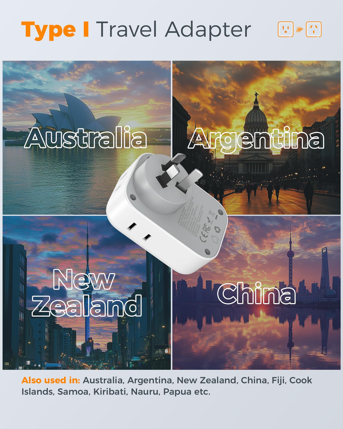 TESSAN Australia plug adapter 7-in-1 ports highlights four outlets and USB-C/USB-A.