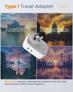 TESSAN Australia plug adapter 7-in-1 ports highlights four outlets and USB-C/USB-A.