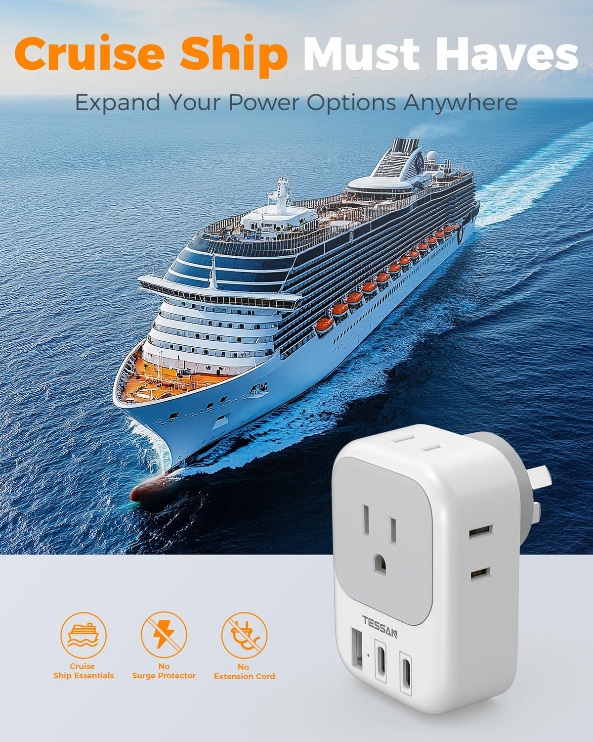 TESSAN Australia plug adapter cruise-friendly design minimizes bulk on voyages.