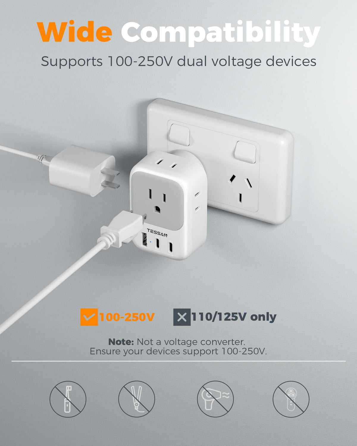 TESSAN Australia plug adapter Type I compatibility supports multiple regional outlets.