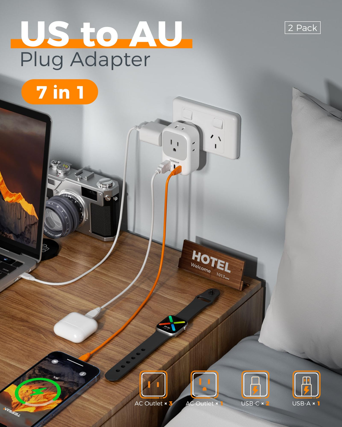 TESSAN Australia plug adapter USB-C port enables fast charging compatible devices.