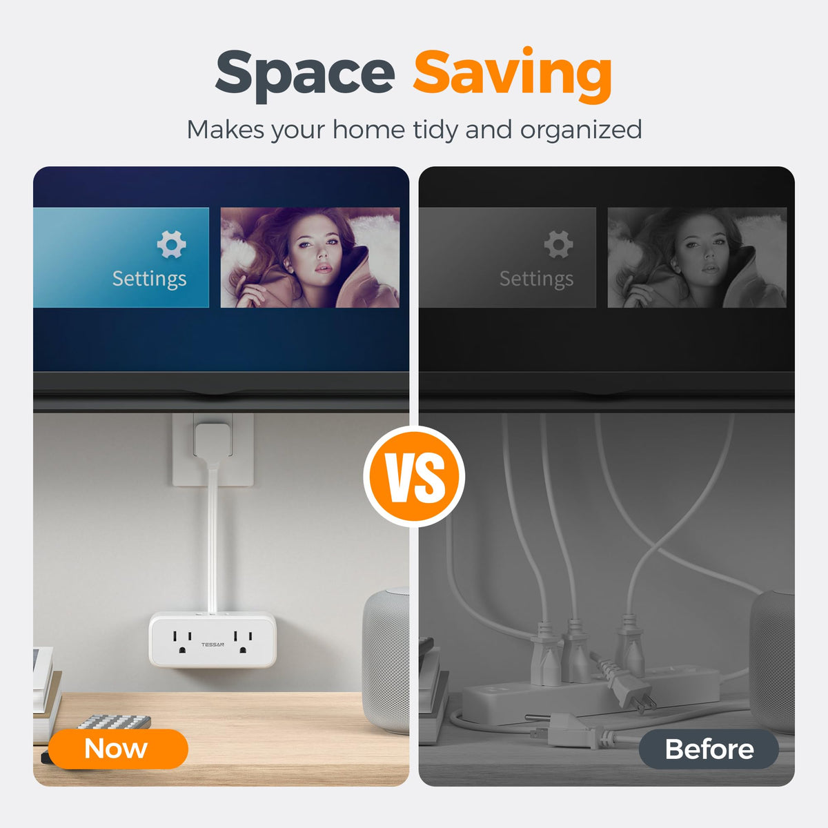 TESSAN three-sided outlet design accommodates large adapters