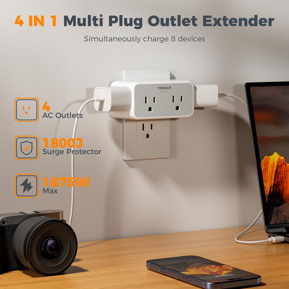 TESSAN compact multi-plug extension saves desk space while powering multiple devices.