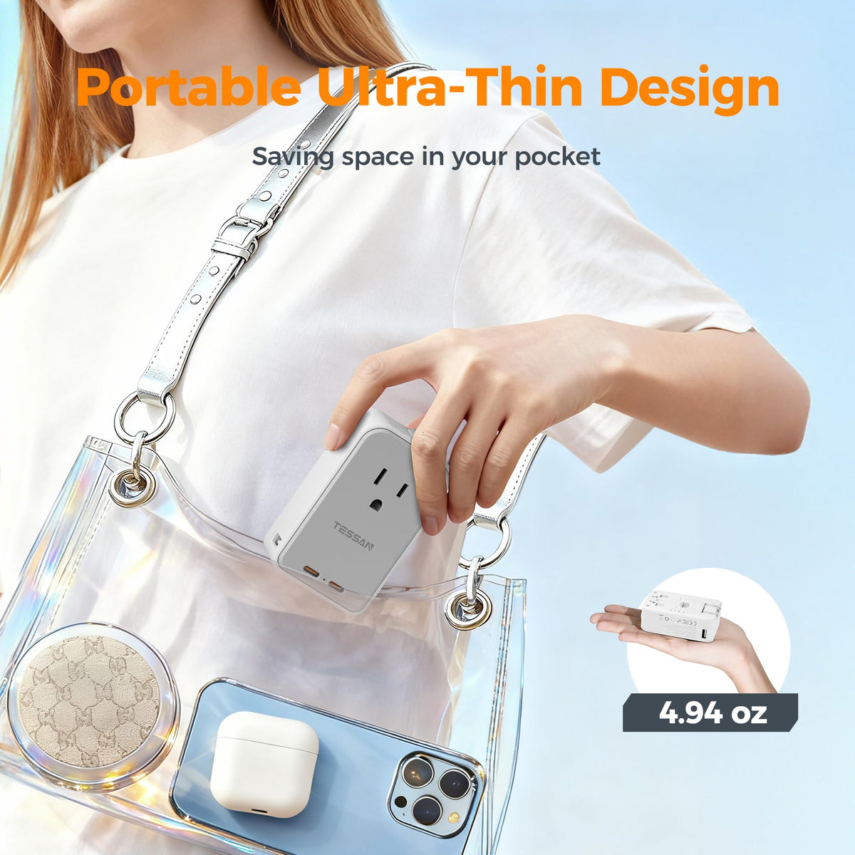 TESSAN compact travel adapter highlighting 2500W max for high-power devices abroad.