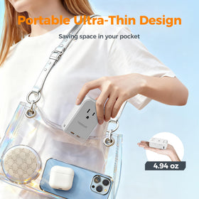 TESSAN compact travel adapter highlighting 2500W max for high-power devices abroad.