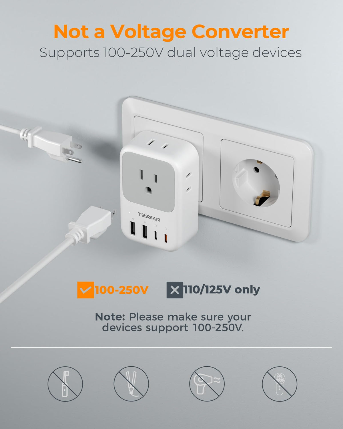 TESSAN compact travel adapter fits easily in bags and pockets.