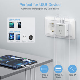 TESSAN compact travel adapter fits easily in a bag for travel.