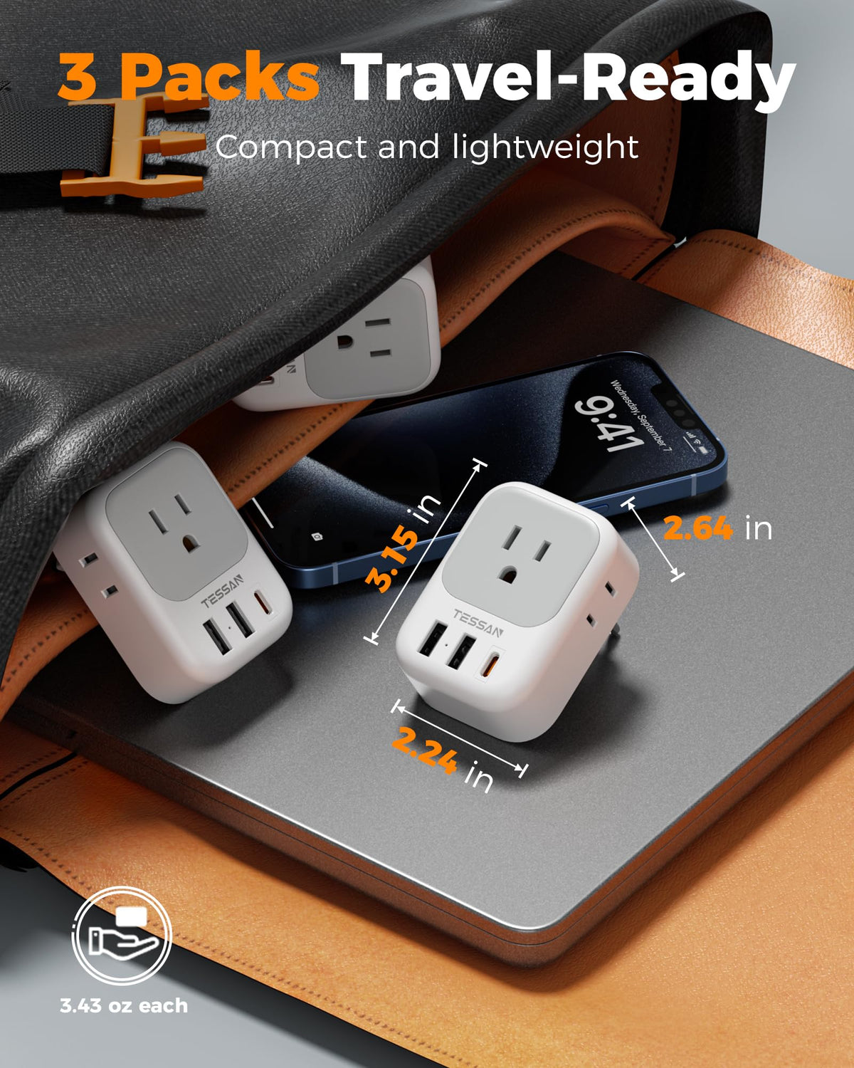 TESSAN compact travel adapter fits easily in a bag