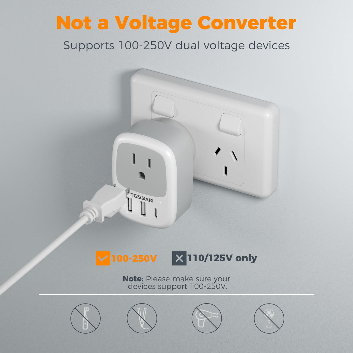 TESSAN compact travel adapter shown in a suitcase for easy packing