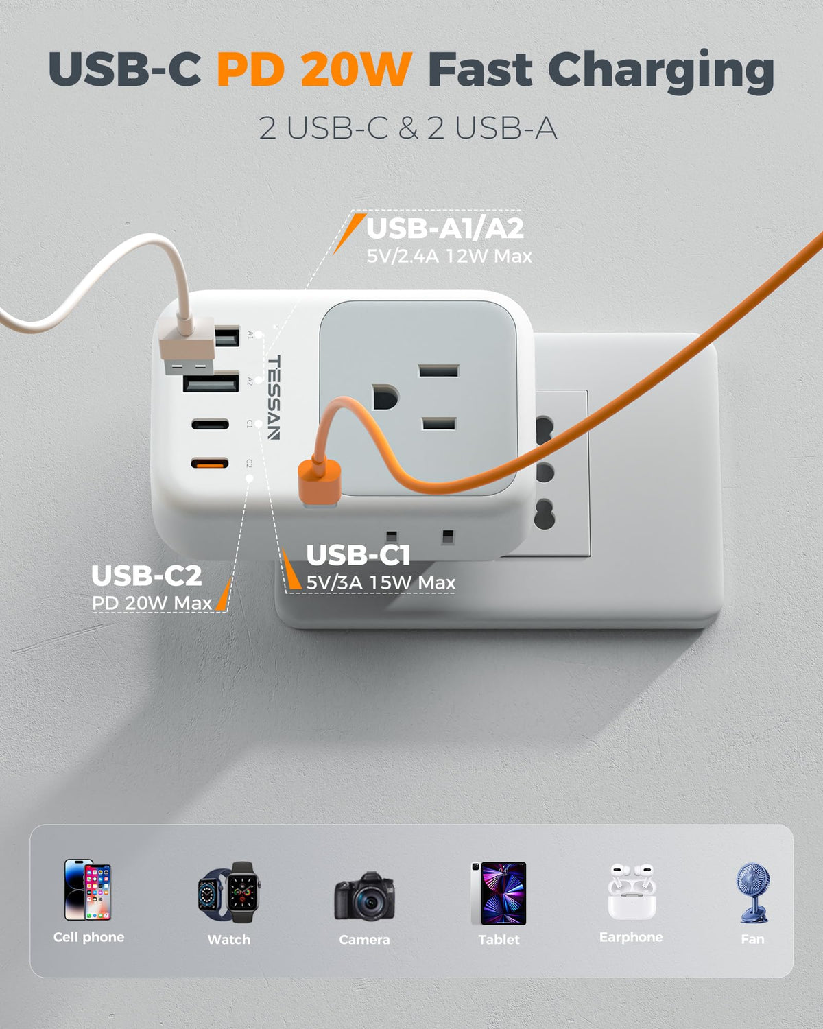 TESSAN compact travel adapter fits in bag for on-the-go charging.