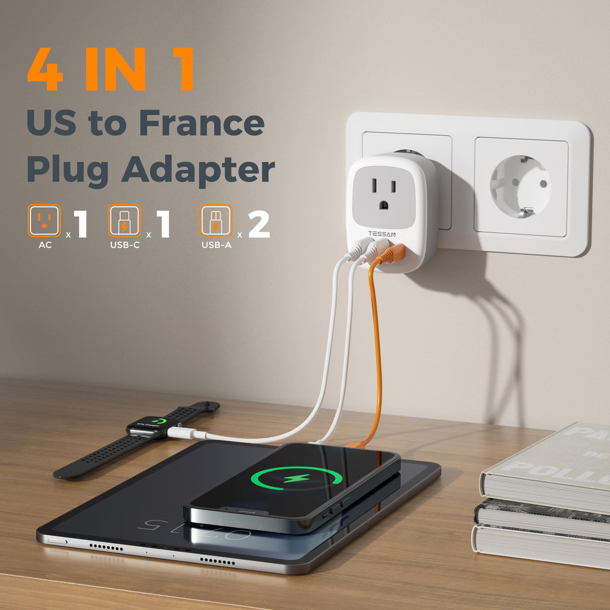 TESSAN compact travel adapter resting beside other plugs in a hotel room