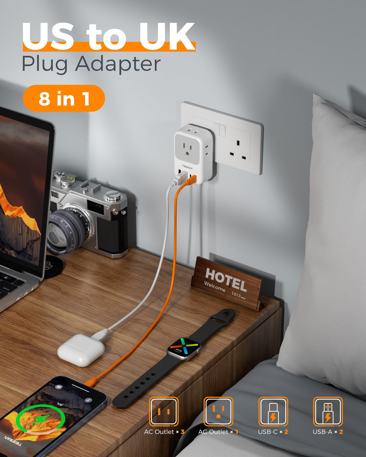 TESSAN compact travel plug adapter design fits easily in luggage or pocket.