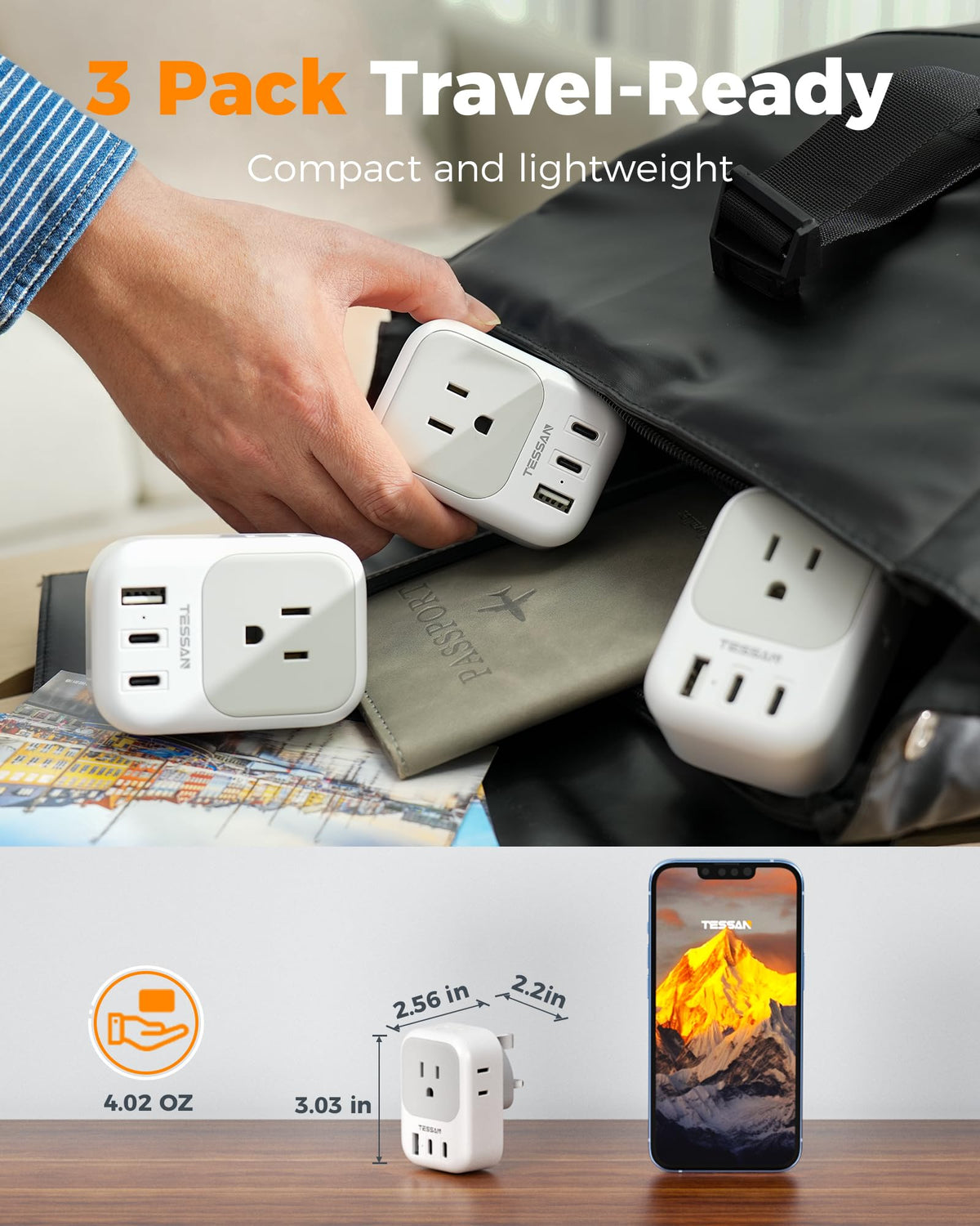 TESSAN compact travel plug adapter designed for luggage-friendly use
