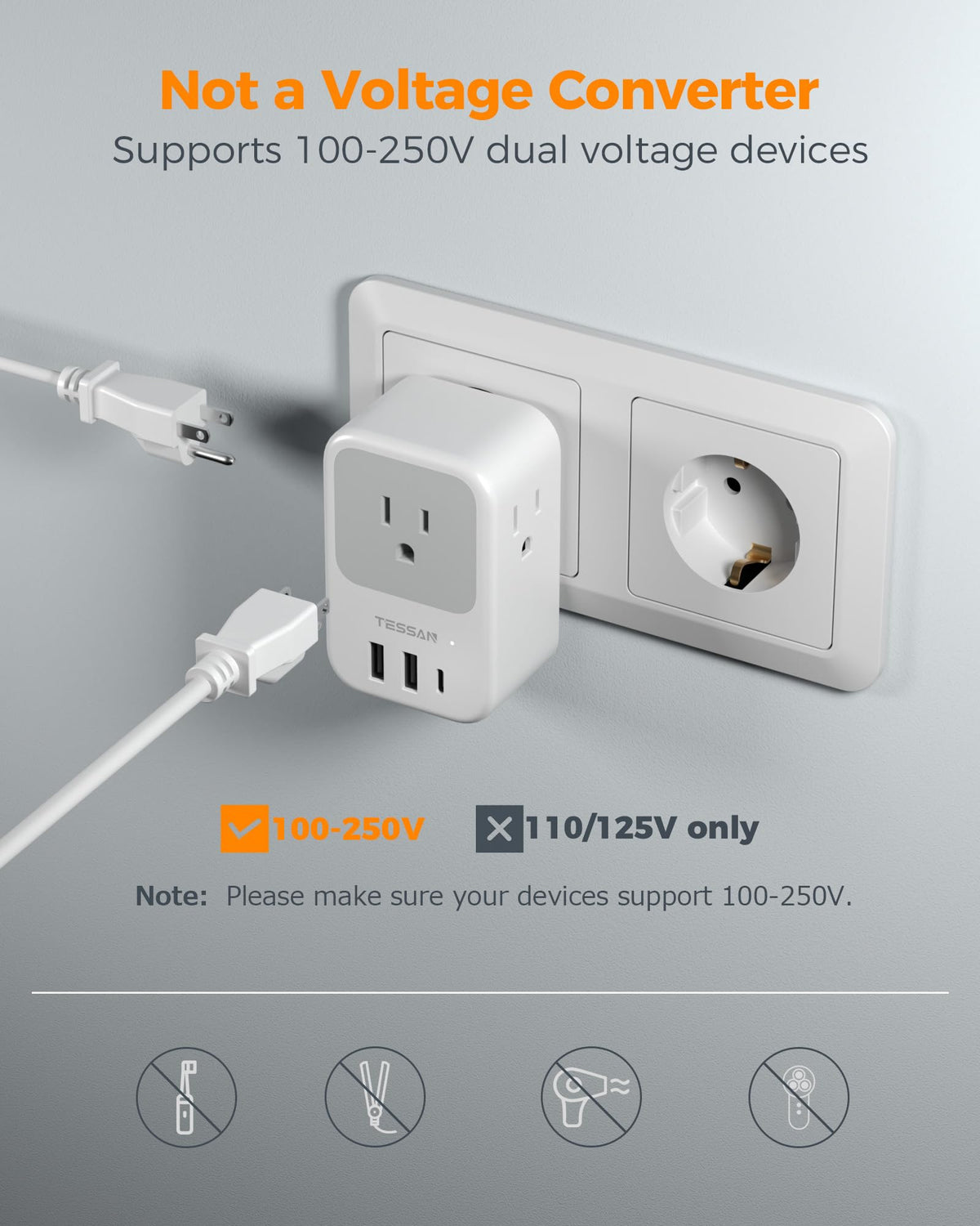 TESSAN compact travel-size adapter held in hand for portability.