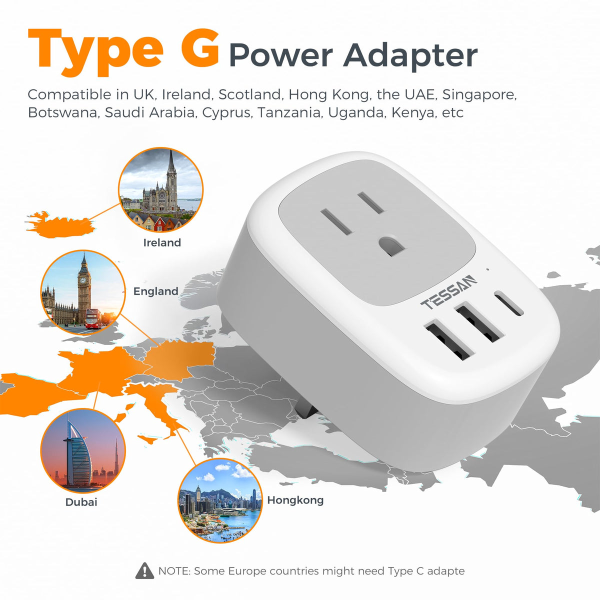 TESSAN compact travel size adapter fits easily in luggage.