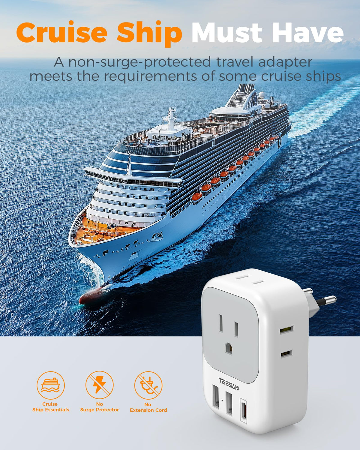 TESSAN cruise-friendly EU adapter designed for ships and hotels