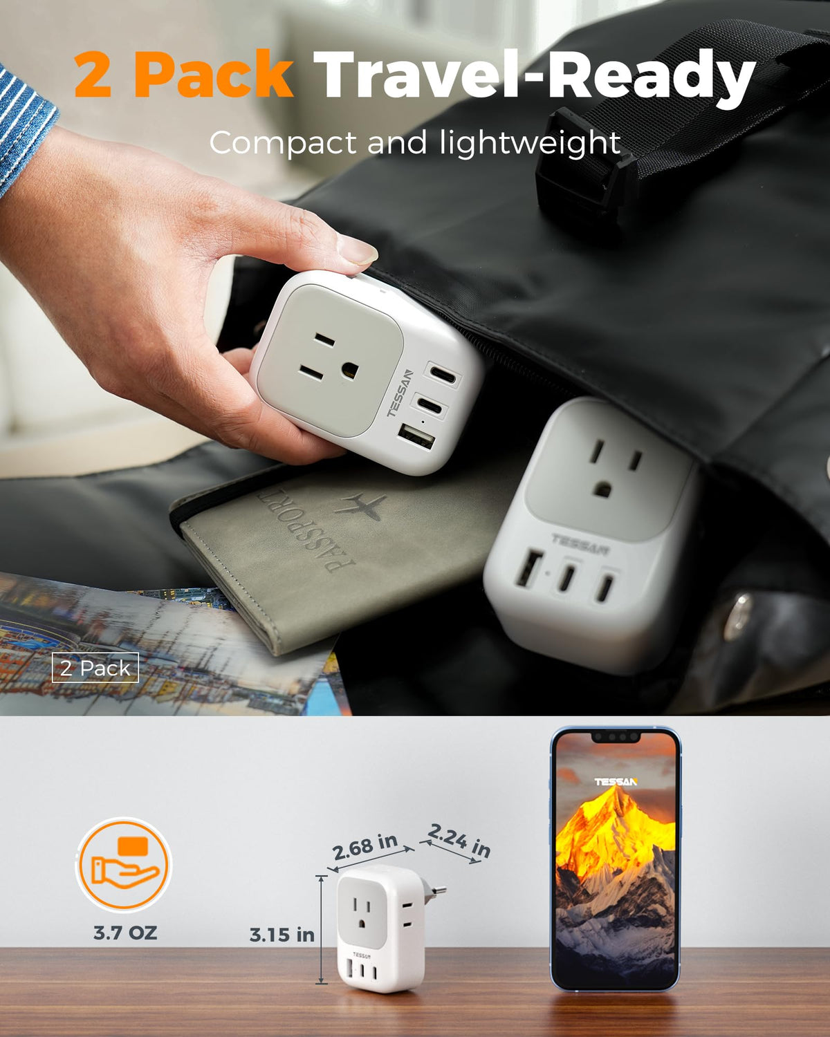 TESSAN cruise-friendly adapter suitable for cruise ships and international trips.