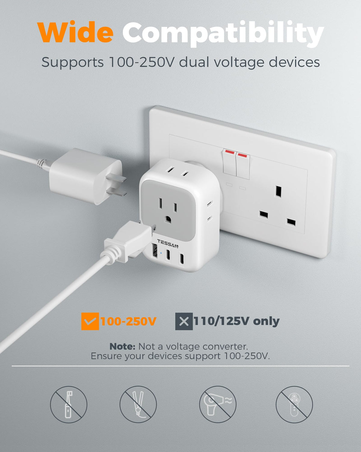 TESSAN cruise-friendly UK adapter fits cabins and ships with sensible size