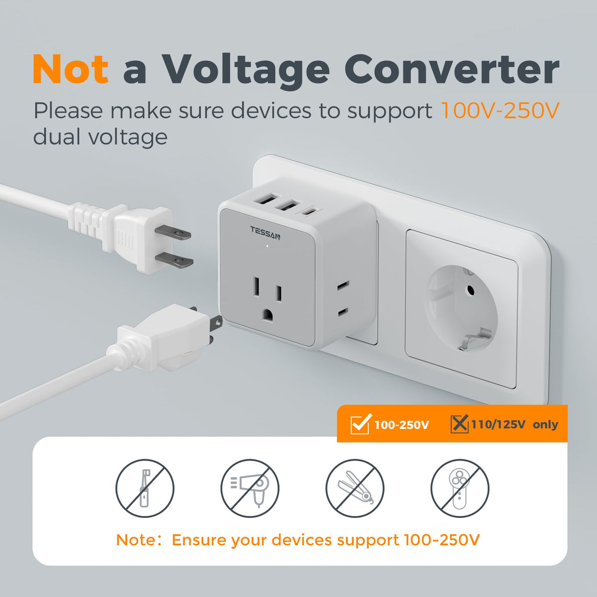 Cruise-ready TESSAN adapter ideal for hotels and cabins