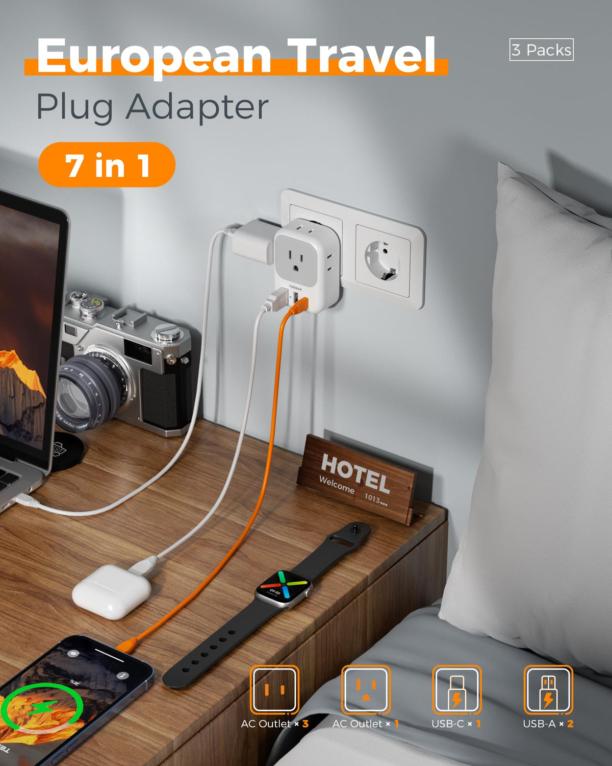 TESSAN EU adapter USB-A ports for accessories like headphones and wearables