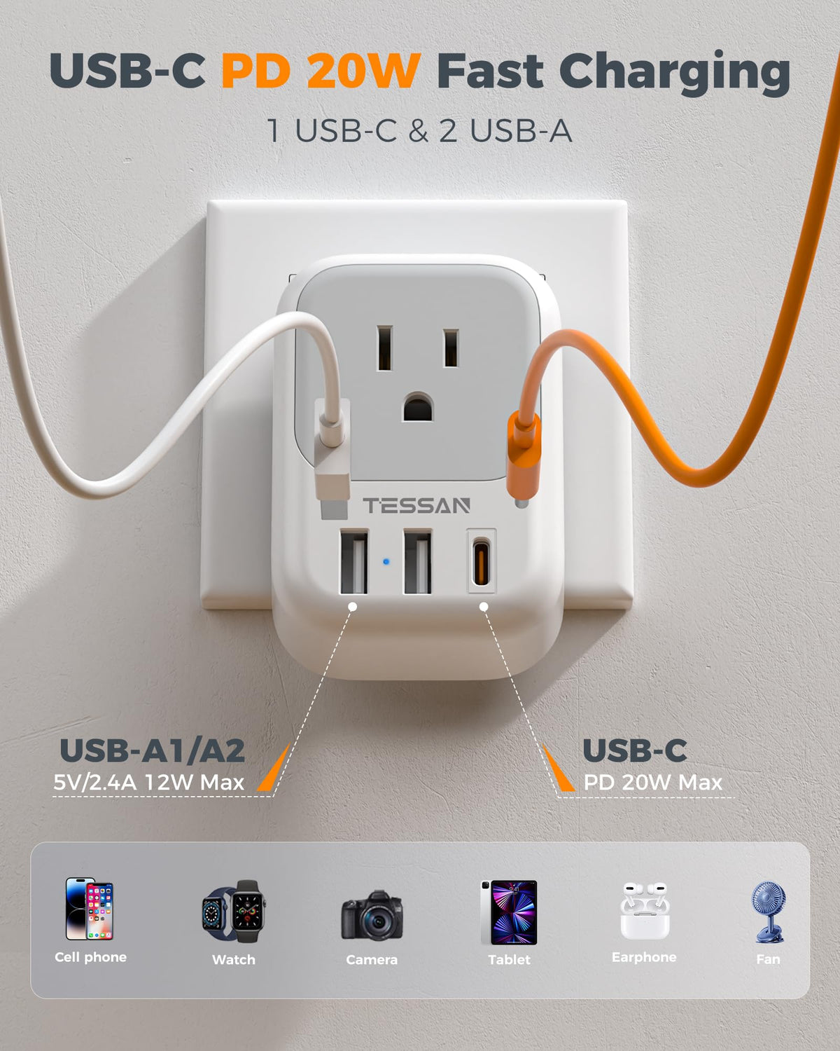 TESSAN EU adapter USB-C port enabling quick recharges during travel