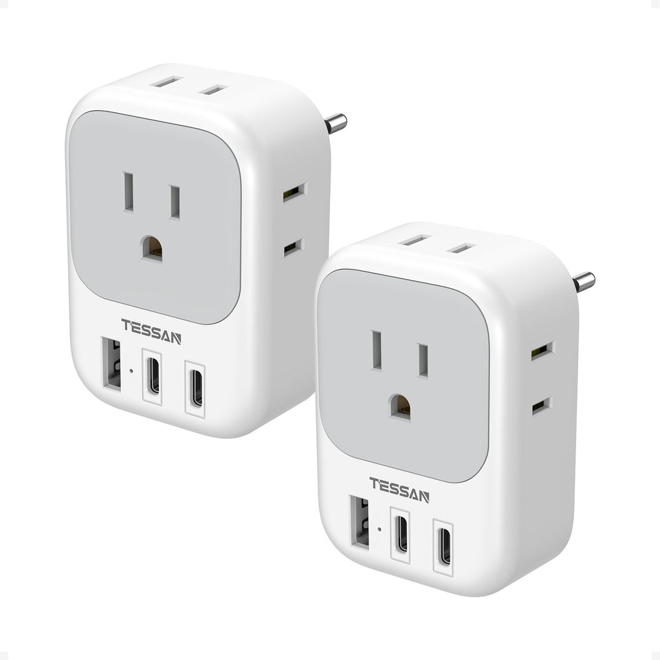 TESSAN Europe travel plug adapter with four outlets and three USB ports for simultaneous charging.