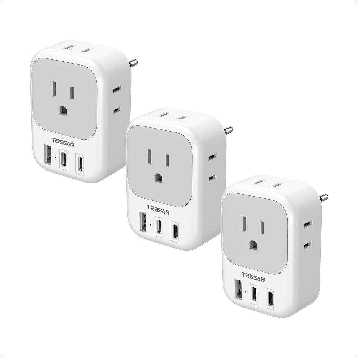 TESSAN Europe travel plug adapter with 4 outlets for multiple devices.