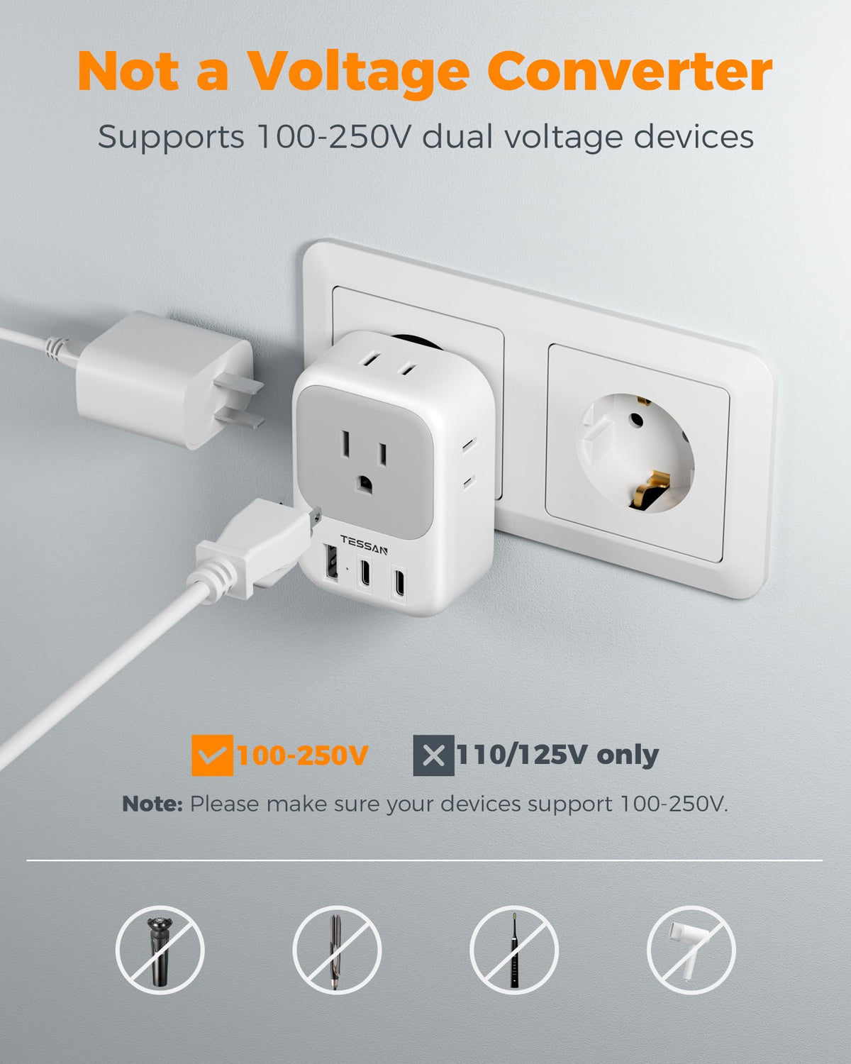 TESSAN Europe travel plug cruise-friendly for easy travel use.