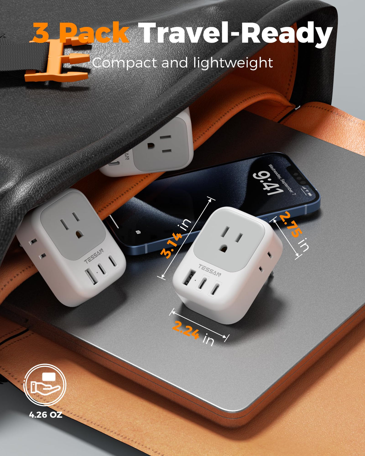 TESSAN Europe travel plug lightweight and ideal for packing.