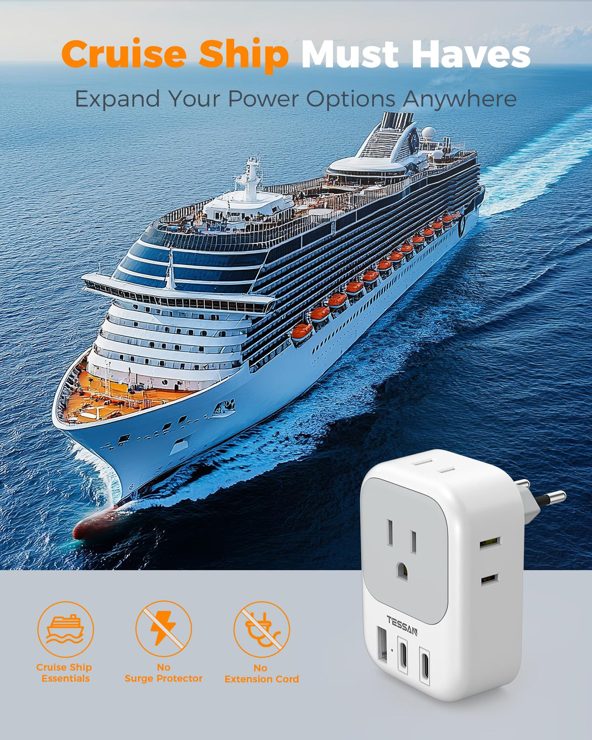 TESSAN Europe travel plug voltage note to check compatibility.