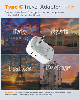 TESSAN Europe travel plug with USB-C ports for fast device charging.