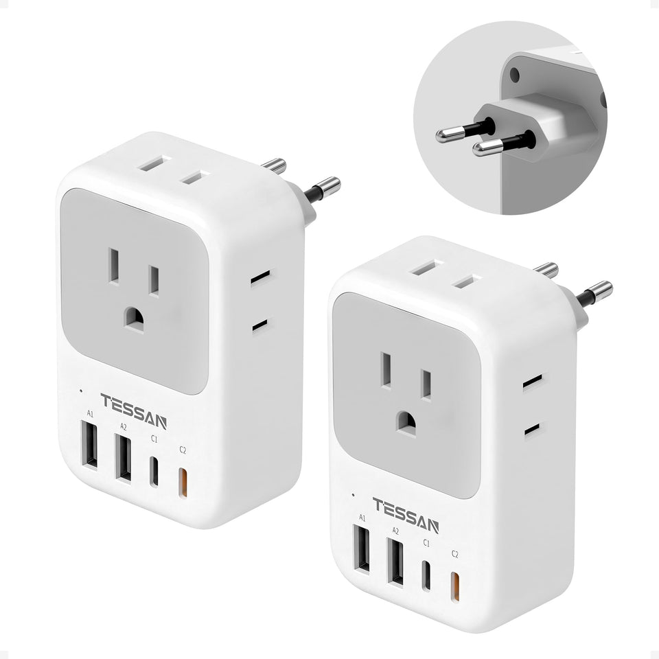 TESSAN 8-in-1 adapter with four AC outlets for Europe travel.