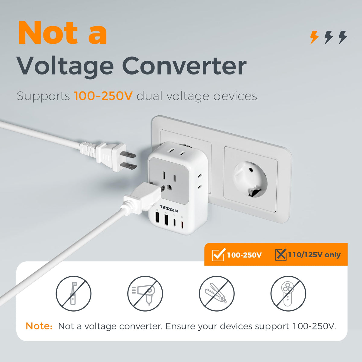 TESSAN universal compatibility across Europe without blocking large plugs.