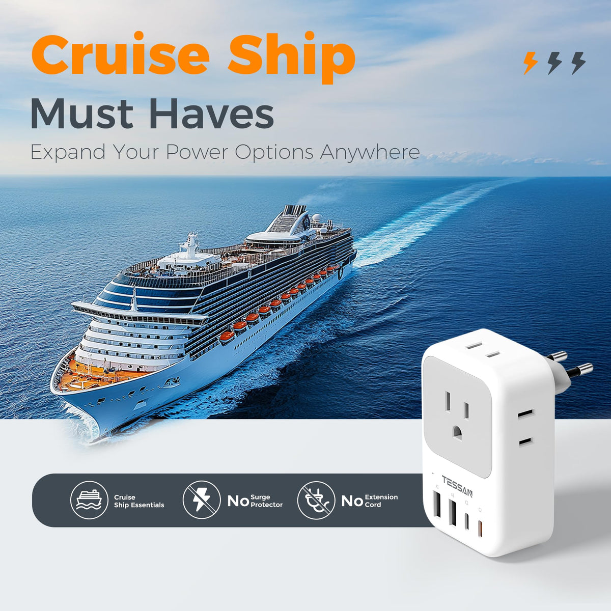 TESSAN cruise-ready adapter with no cords for ship travel.