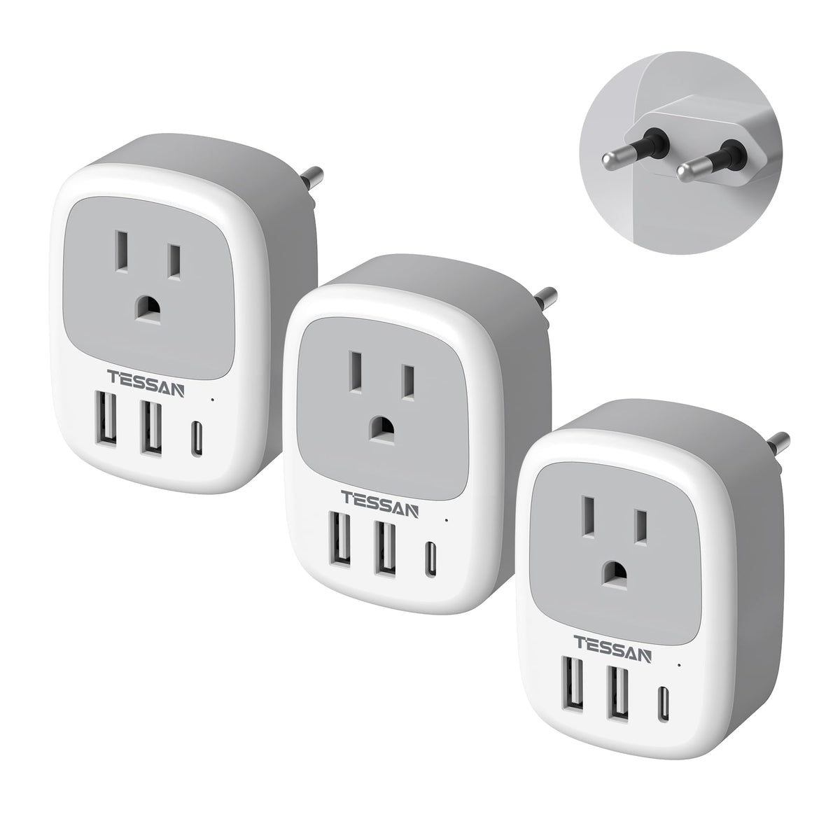 TESSAN European travel plug adapter front view showing compact design for easy packing