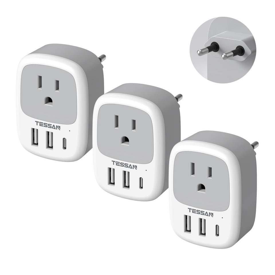 TESSAN European travel plug adapter front view showing compact design for easy packing