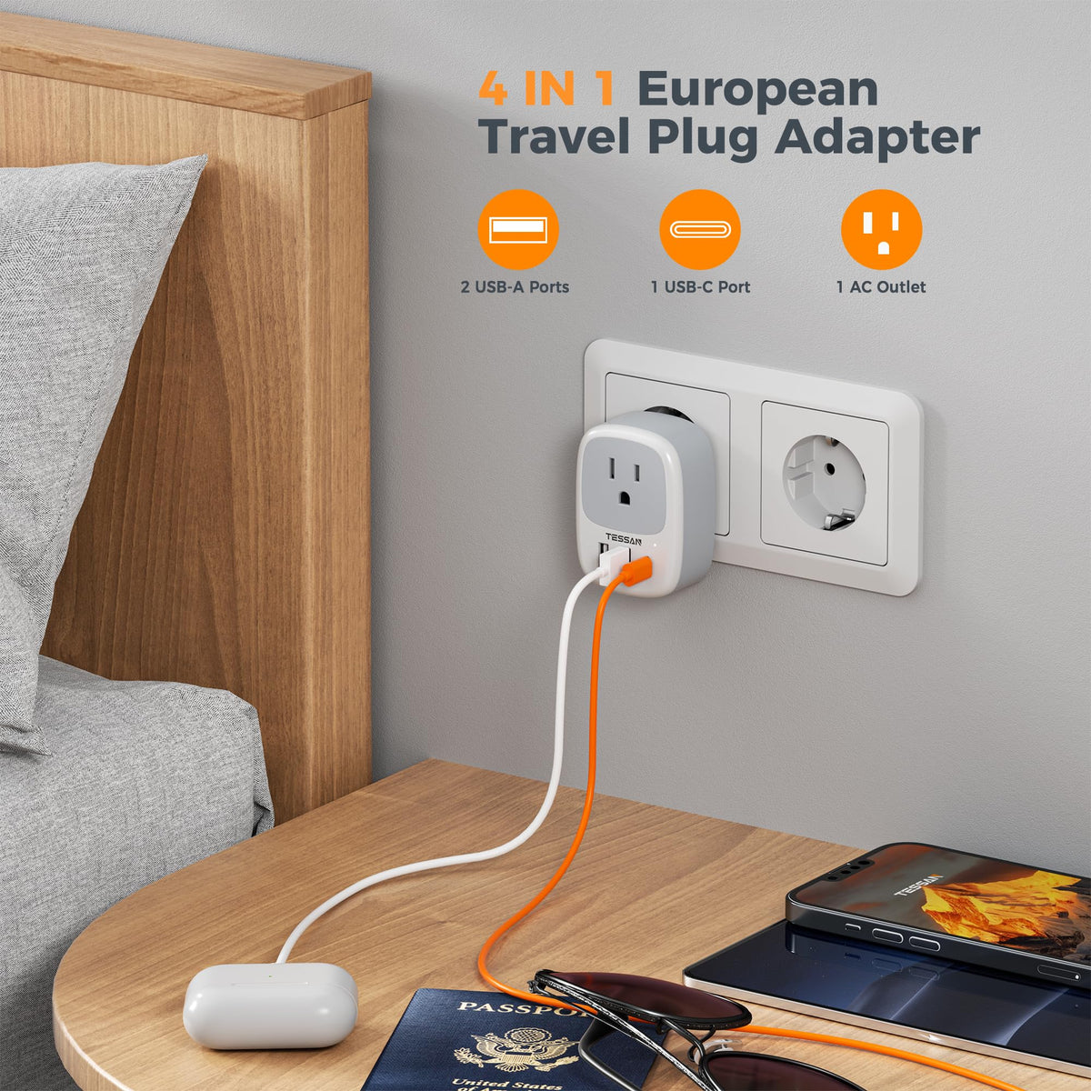 TESSAN European adapter highlighting USB-C port for fast charging