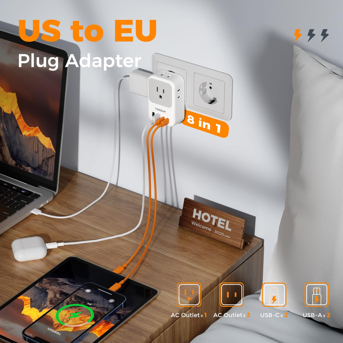 TESSAN USB-C PD 20W port for quick device charging.