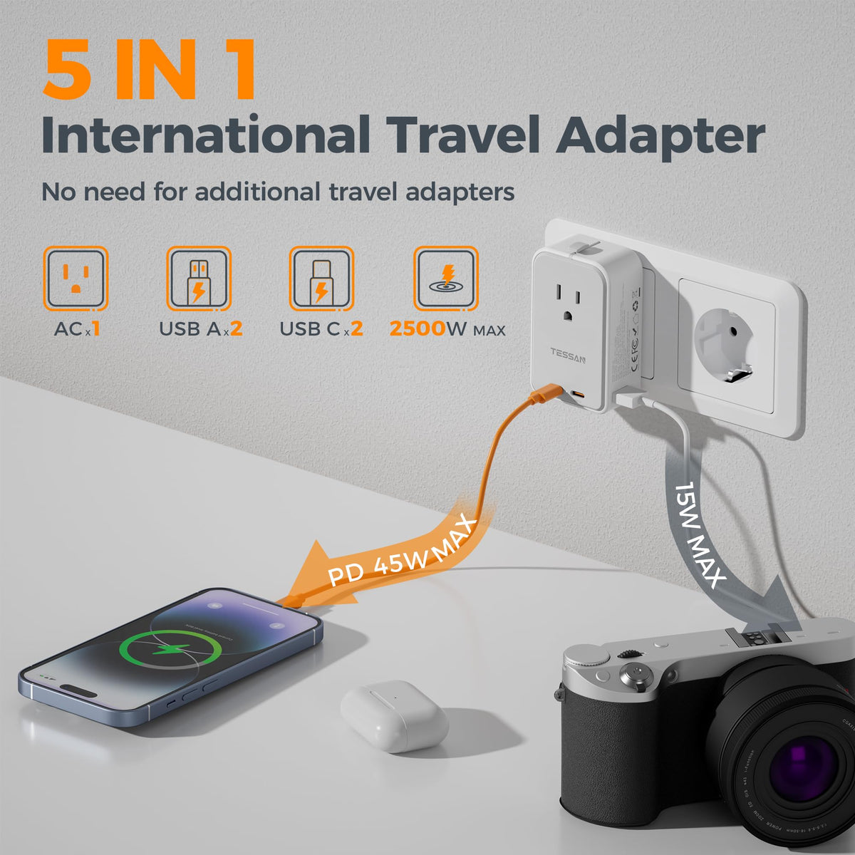 TESSAN five-in-one travel plug adapter with one AC outlet and four USB ports for multiple devices.