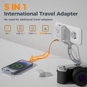 TESSAN five-in-one travel plug adapter with one AC outlet and four USB ports for multiple devices.