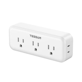 TESSAN five-outlet surge protector powering a clutter-free desk setup.