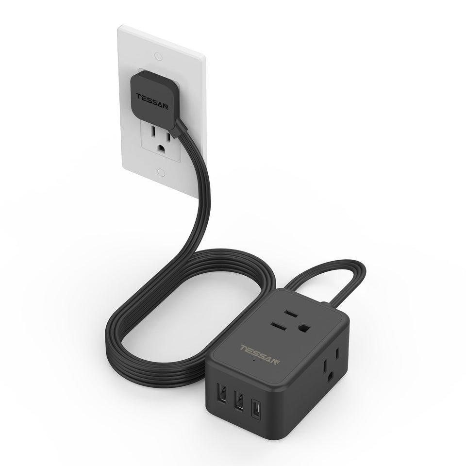 TESSAN flat-black extension cord with slim profile for travel and dorm use