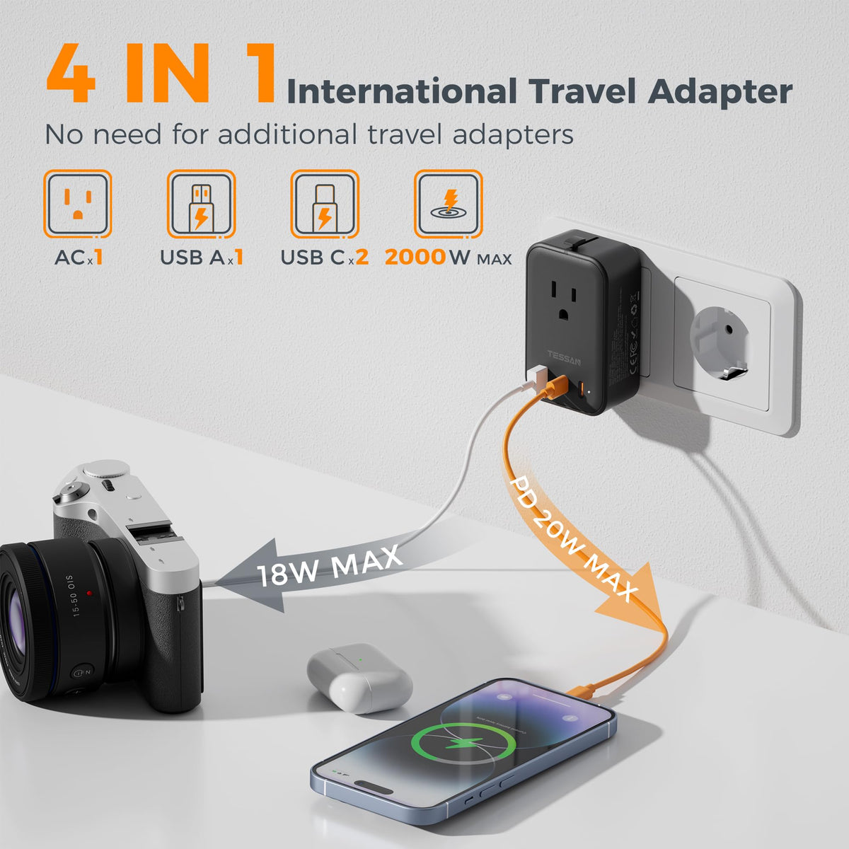 TESSAN four-in-one adapter ports enabling four-device charging simultaneously.