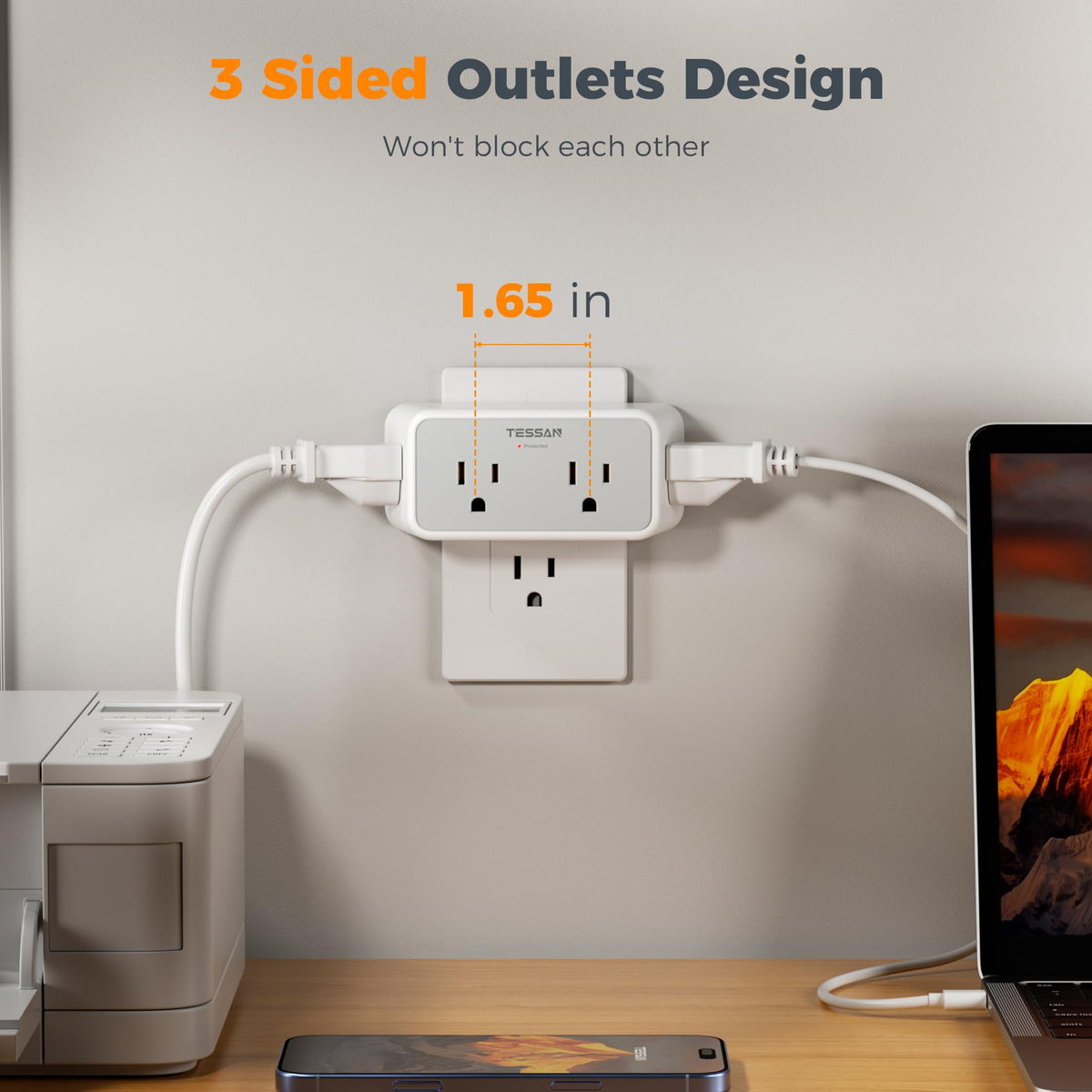 TESSAN four-outlet, 1875W-capable outlet extender fits kitchen and dorm setups.