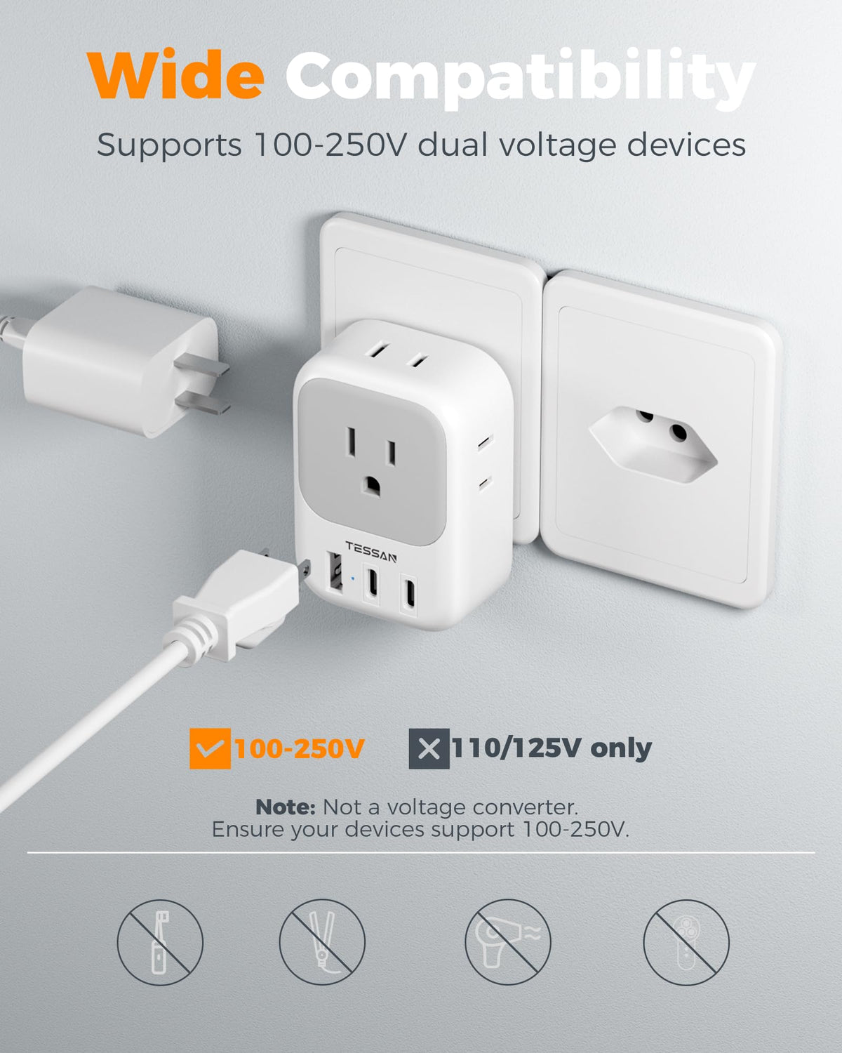 TESSAN four-sided design allows plugging in large adapters without blocking outlets.