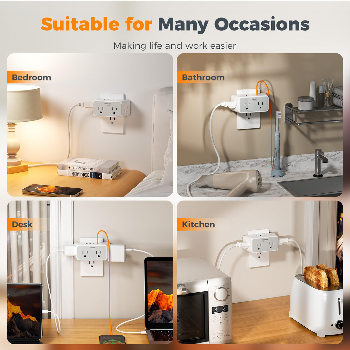 TESSAN wall plug extender fits indoor spaces like bedrooms and offices