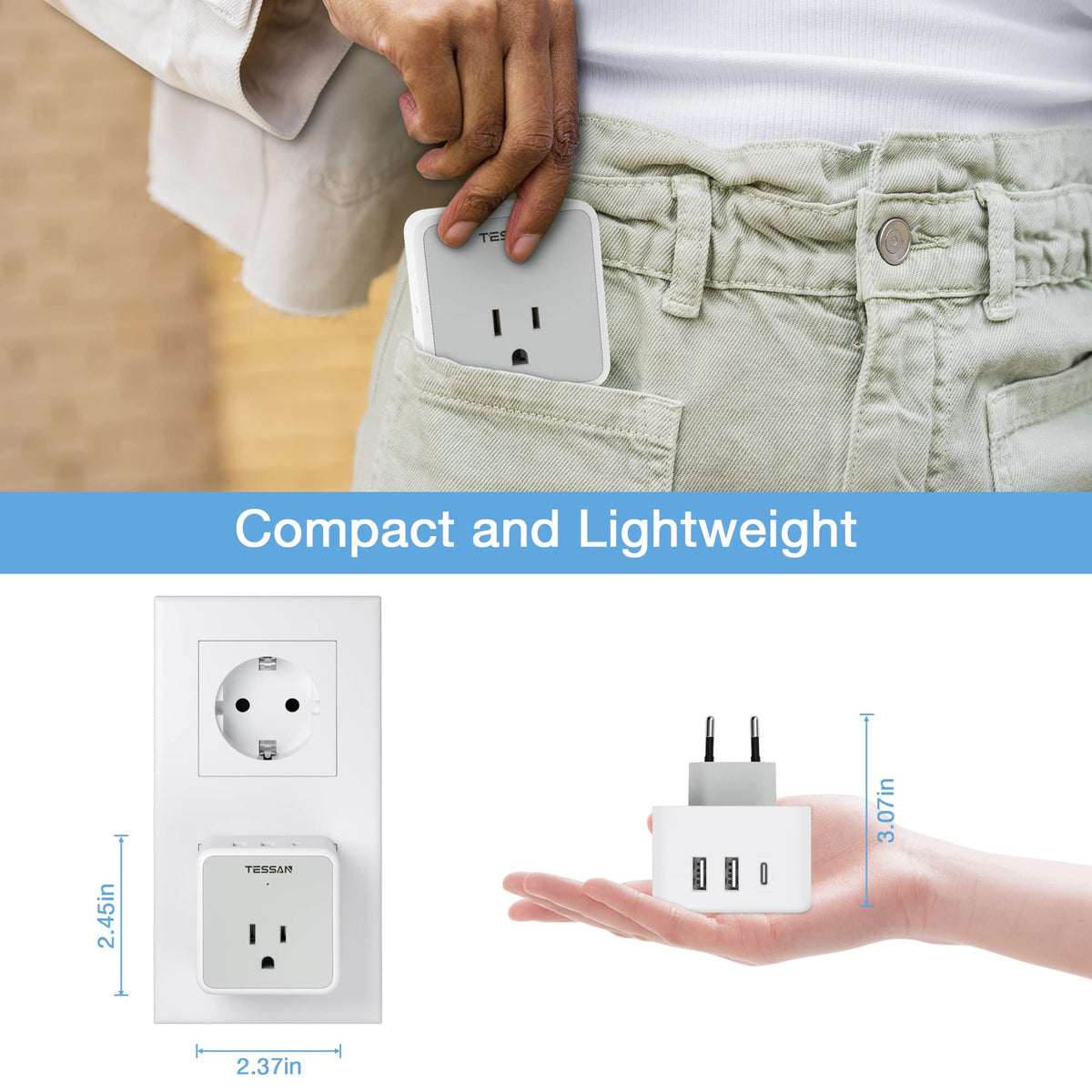 TESSAN hotel and dorm-ready adapter for everyday trips and stays.